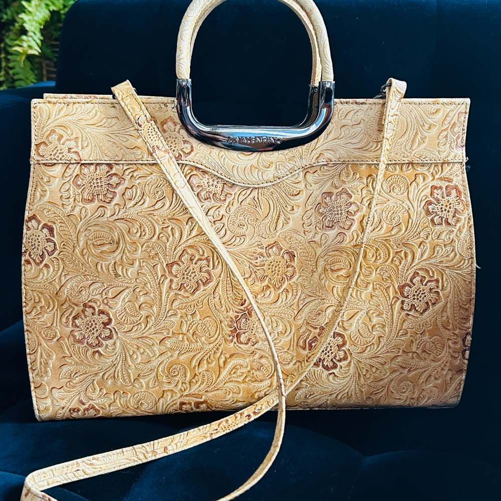 Elegant Floral Embossed Tan Handbag